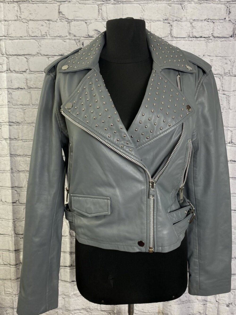 Walter Baker Studded Leather Crop Moto Biker Jacket Gray Grey Size M